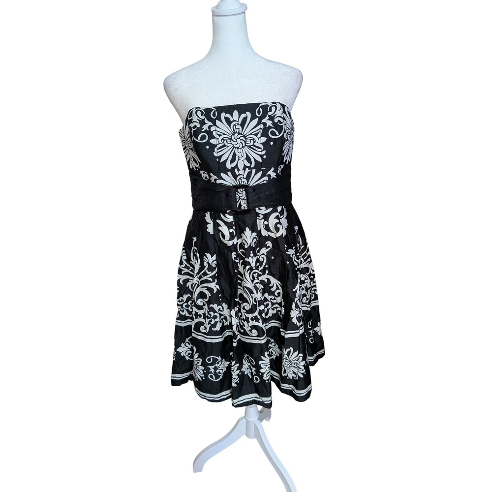 White House Black Market Strapless Fit Flare Damask Dress Black White Size 8